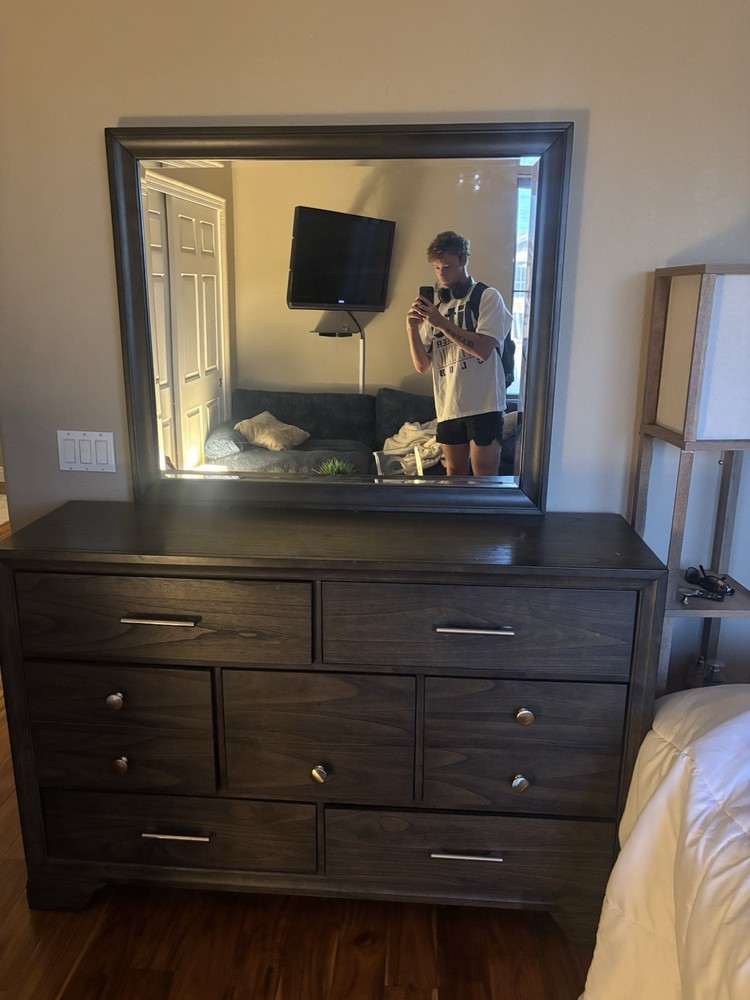 Cool Tone Wooden Dresser With Mirror and Seven Drawers, 8ft Tall