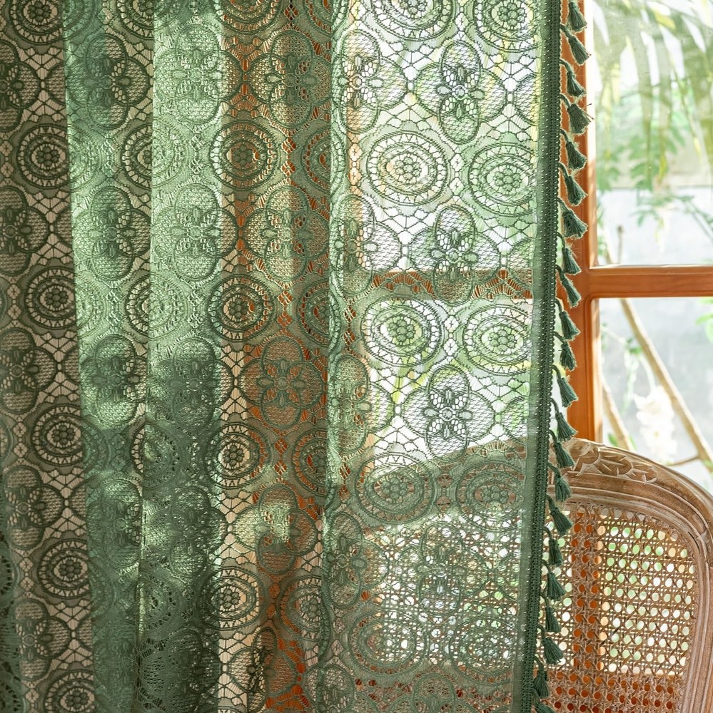 Dark Green Lace Curtains 84 Inch Long for Living Room 2 Panels Vintage Boho L...