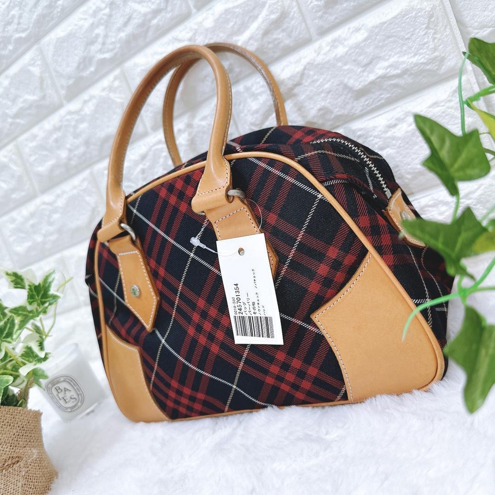 Burberry Blue Label Nova check Tote Bag Red Nylon Leather Authentic FS Japan