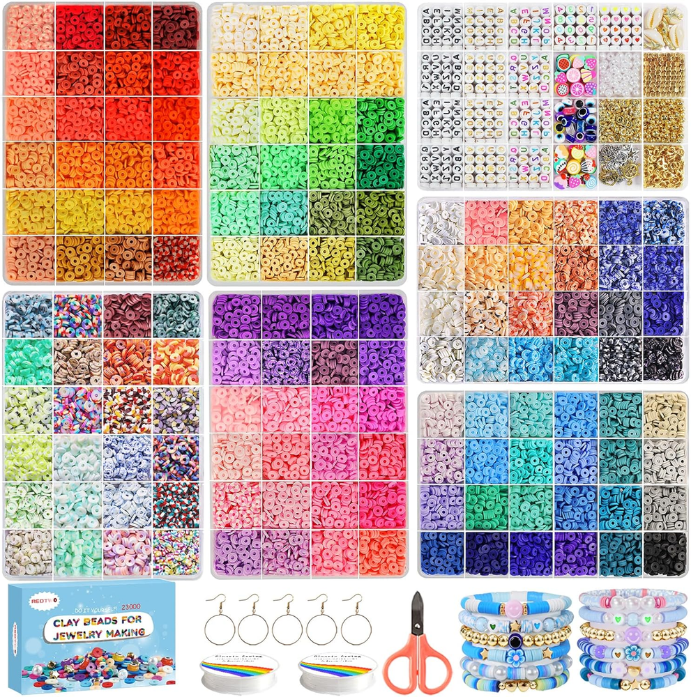 23000 Pcs 144 Color Clay Bead Kit for Bracelet Making with 7 Boxes Flat Heishi Beads