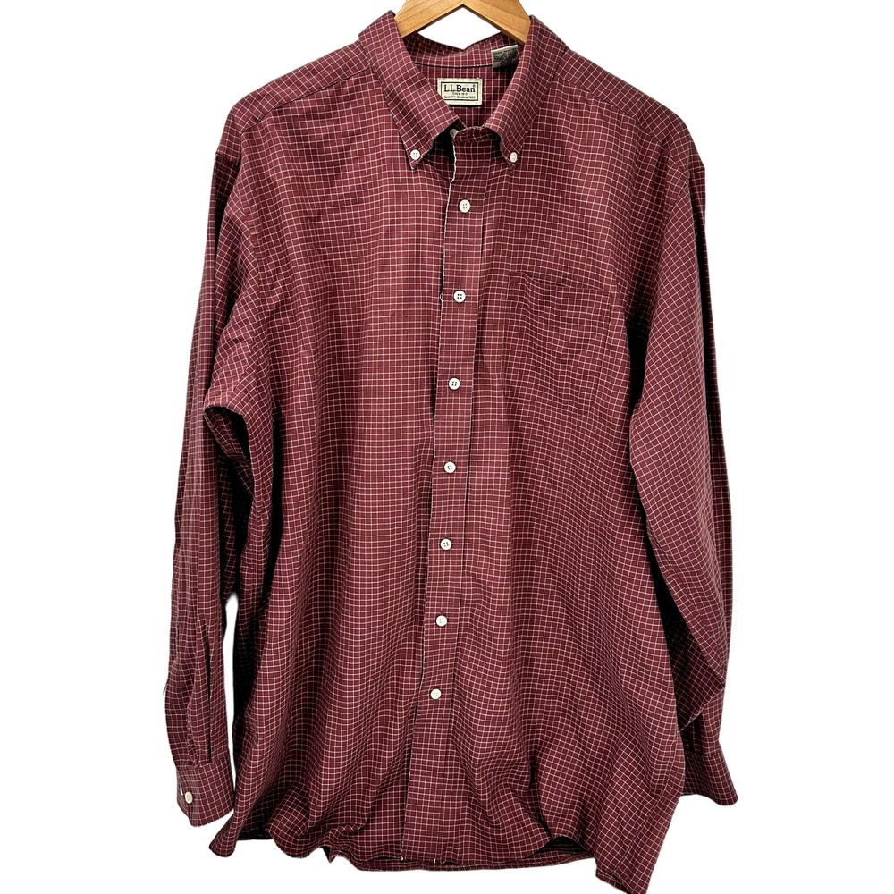 LL Bean Shirt Mens XLT Button Down Red White Check Wrinkle Free Traditional Fit