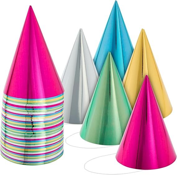 50 Pack Birthday Party Cone Hats for Kids and Adults, Bulk Set in 5 Colors (M...