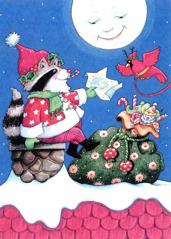 Mary Engelbreit-Santa's Raccoon Helper Earth Map-Christmas Greeting Card-NEW!