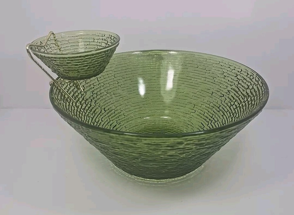 Vintage MCM Avocado Green Anchor Hocking Soreno Glass Chip & Dip Bowl Large