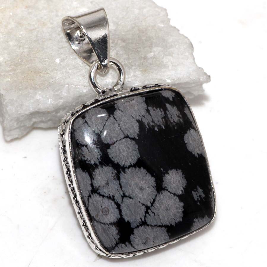 Snowflake Obsidian 925 Silver Plated Pendant 1.5