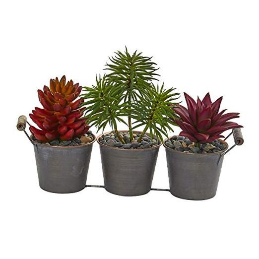 Mixed succulent artificial triple potted silk plants in red