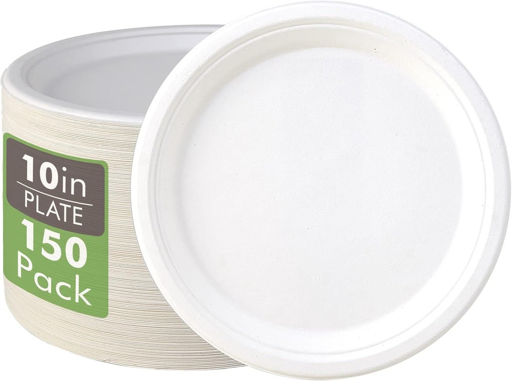 Vplus 150-Pack Eco-Friendly Compostable White Disposable Plates