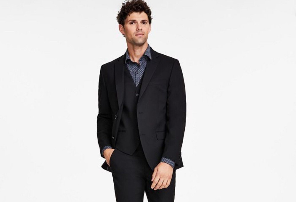 Alfani Sport Coat Mens 46L Slim Black Pinstripe 100% Wool Blazer 2 Button X