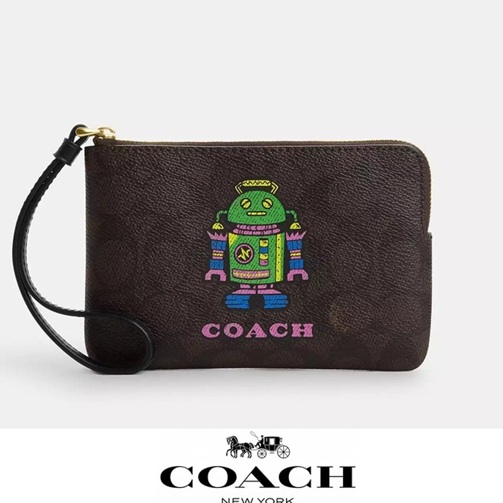 NWT Coach Cosmic Corner Zip Wristlet in Signature Canvas with Robot Print