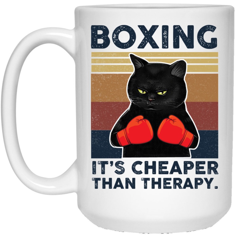 Boxing It's Cheaper Than Therapy White Mugcat Lover Mug Funny Cat Coffee Mug