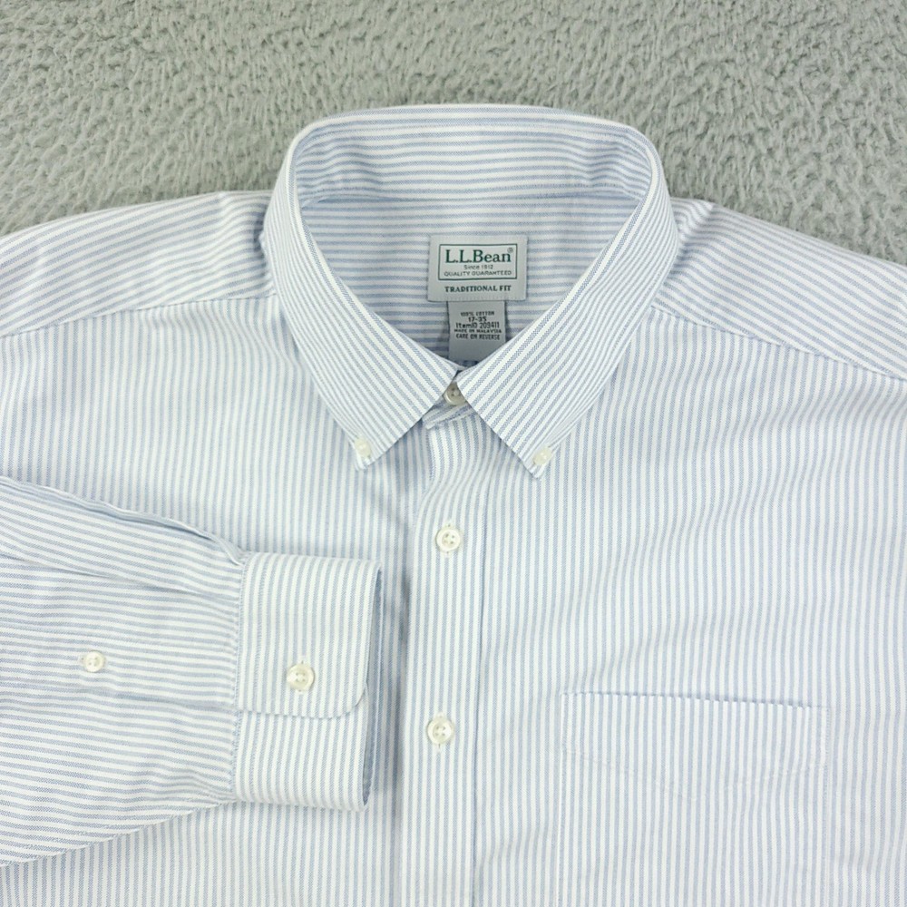 L.L. Bean Dress Shirt Mens 17 Blue Stripe Traditional Fit Business Office