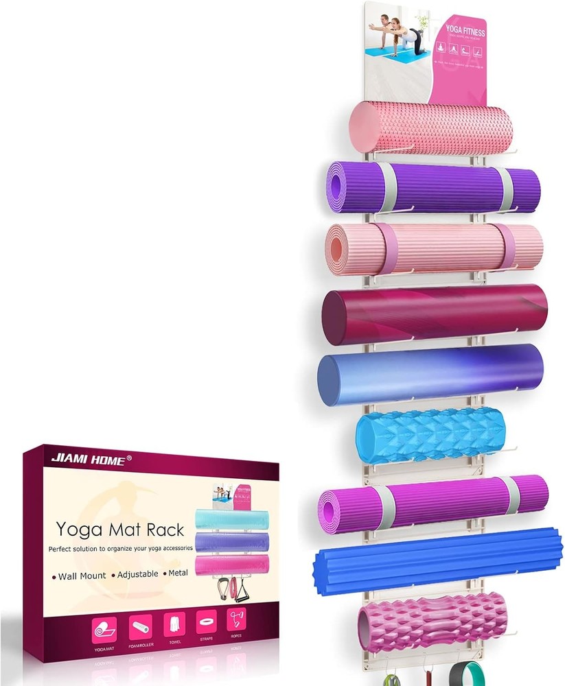 Wall Mount Yoga Mat Rack Holder for Foam Rollers and Gym Storage