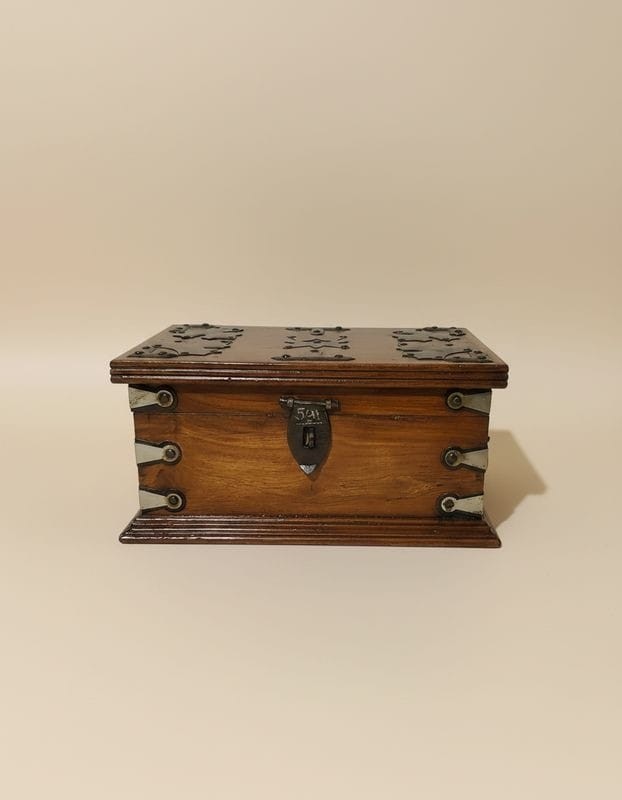 Antique Wooden Storage Chest Box Original Old Fine Hand Carved Metal Fitted