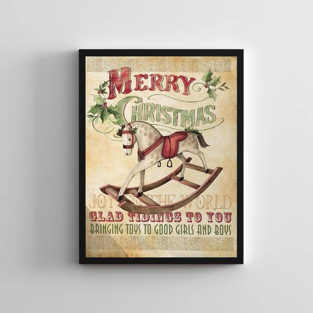 Vintage Christmas Poster Wall Art, Victorian Rocking Horse Wall Decor, No Frame