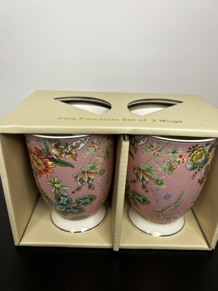 Park Chateau Fine Porcelain Set of 2 Footed Mugs Pink & Multicolor Floral Design