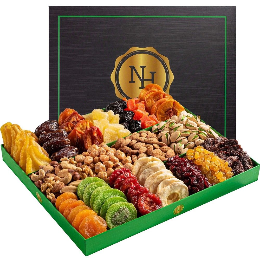 Extra Large Dried Fruit & Nuts Gift Basket with 18 Premium Snacks - Assorted Gourmet Food Tray