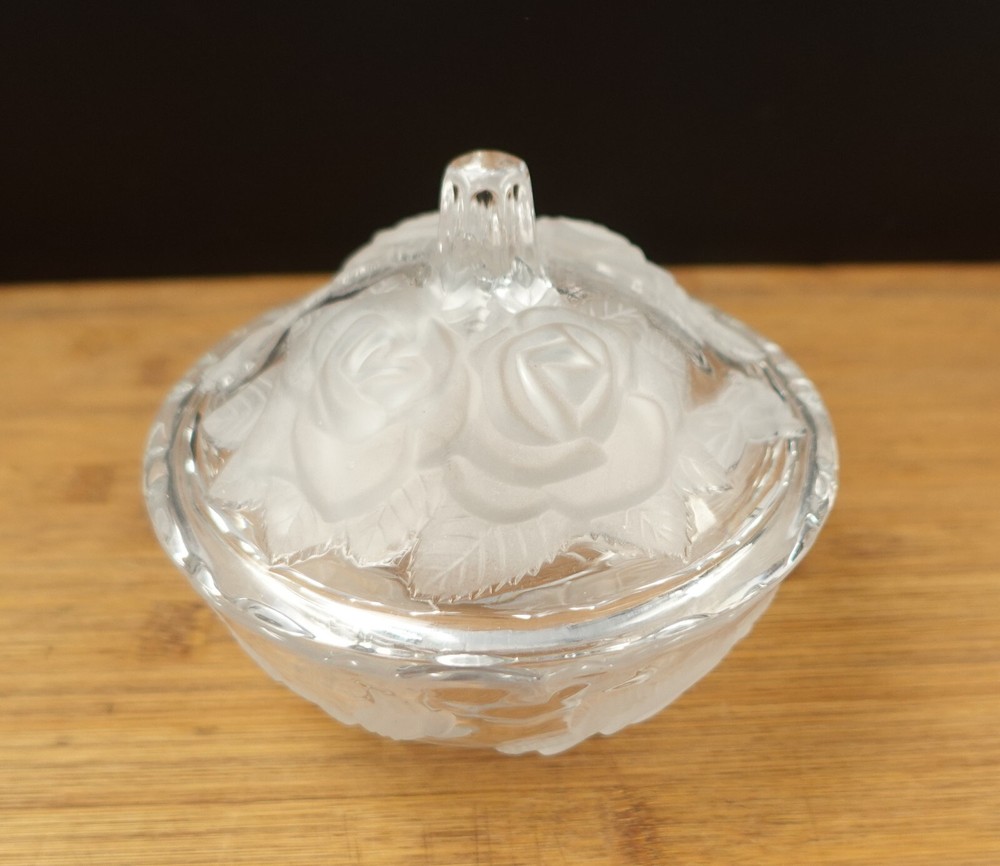 Frosted Crystal Winter Rose Lidded Candy Dish 5.5 with Embossed Floral Design