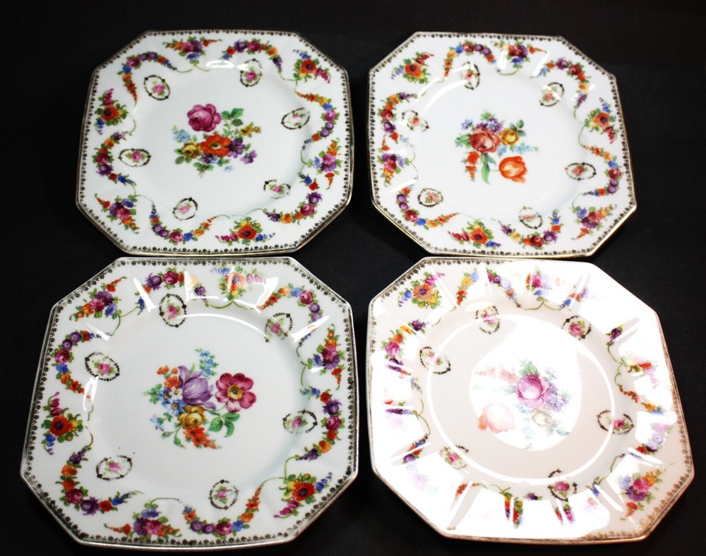 Set of 4 Antique SCHUMANN BAVARIA Octagonal Salad PLATE Germany Dresden 7