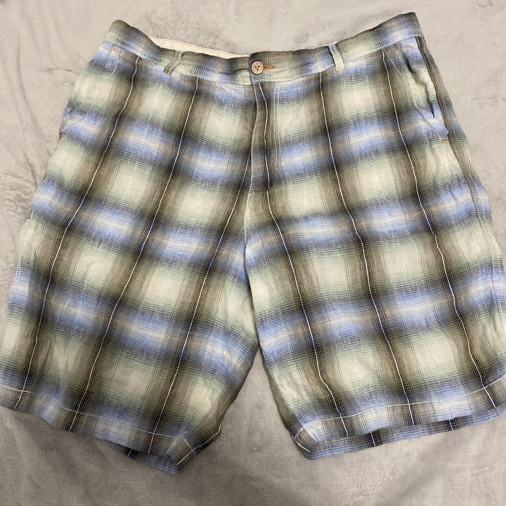 Tommy Bahama Mens Shorts Size 40 Blue Green Plaid Linen Flat Front Walking