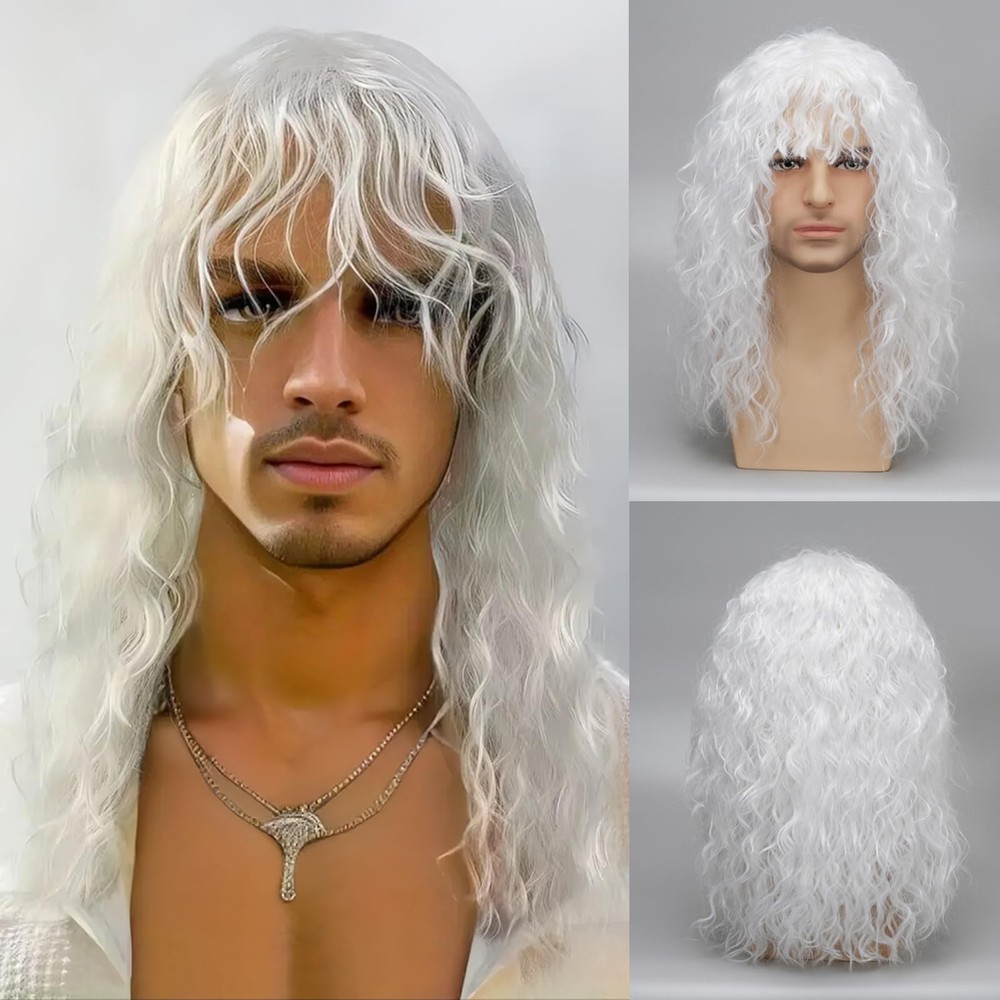 Mens 80s Long Curly White Wig Mullet Wigs Men Costume Heavy Metal Rock Wig Ha...