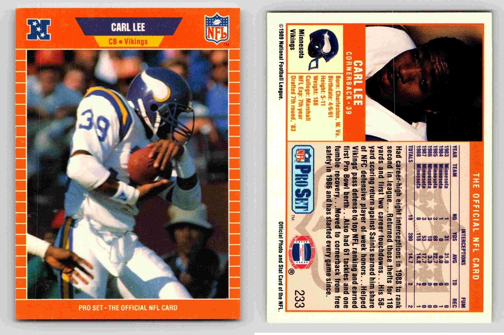 Carl Lee Cornerback Minnesota Vikings NFL Pro Set 1989 Card 233 Memorabilia