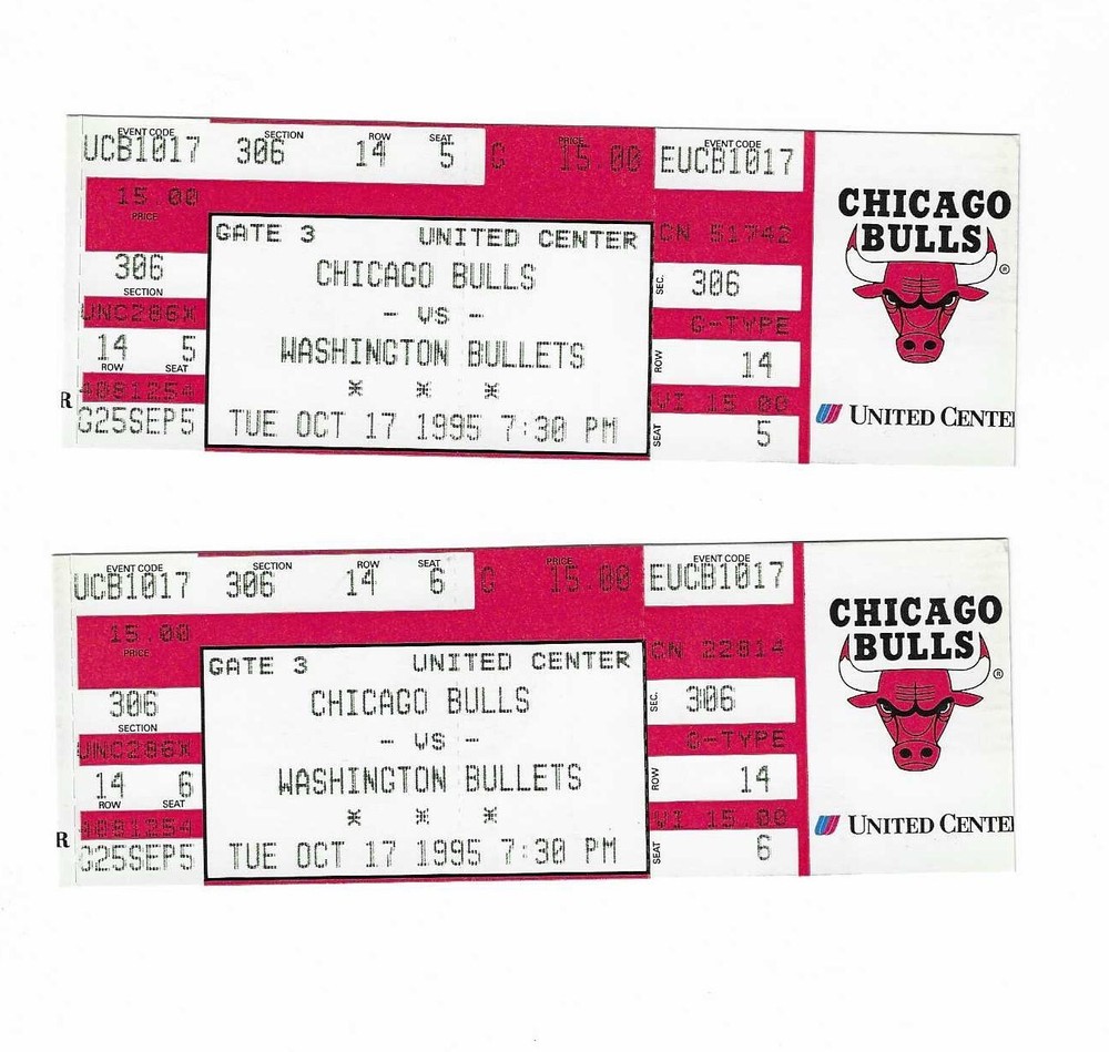 Chicago Bulls vs Washington Bullets Unused Basketball Tickets From 10/17/1995
