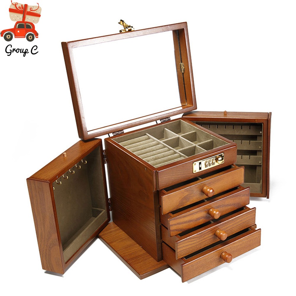 5 Layers Vintage Large Jewelry Organizer Wooden Storage Box Case with 4 Drawers