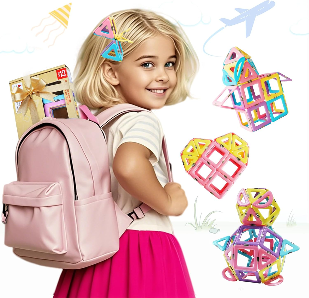 Magnetic Tiles Travel Toys for Kids 52PCS, Airplane Travel Essential Activities