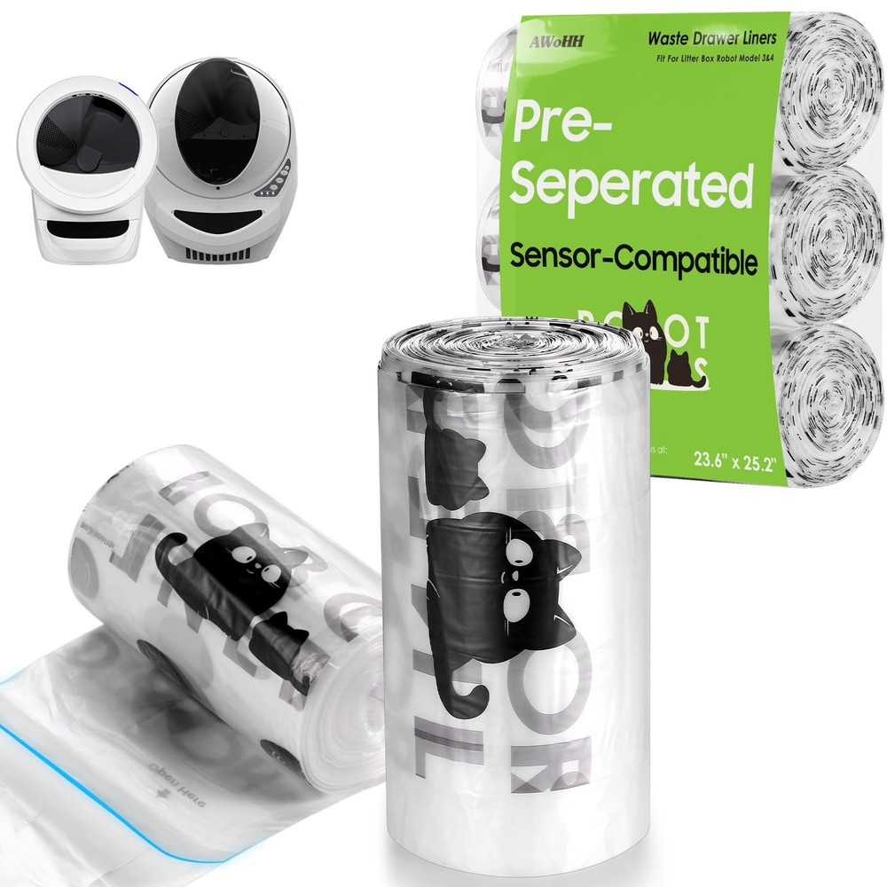 90 Pack Cat Litter Box Robot 4 and 3 Waste Bags, Tear-free, Transparent, Sens...