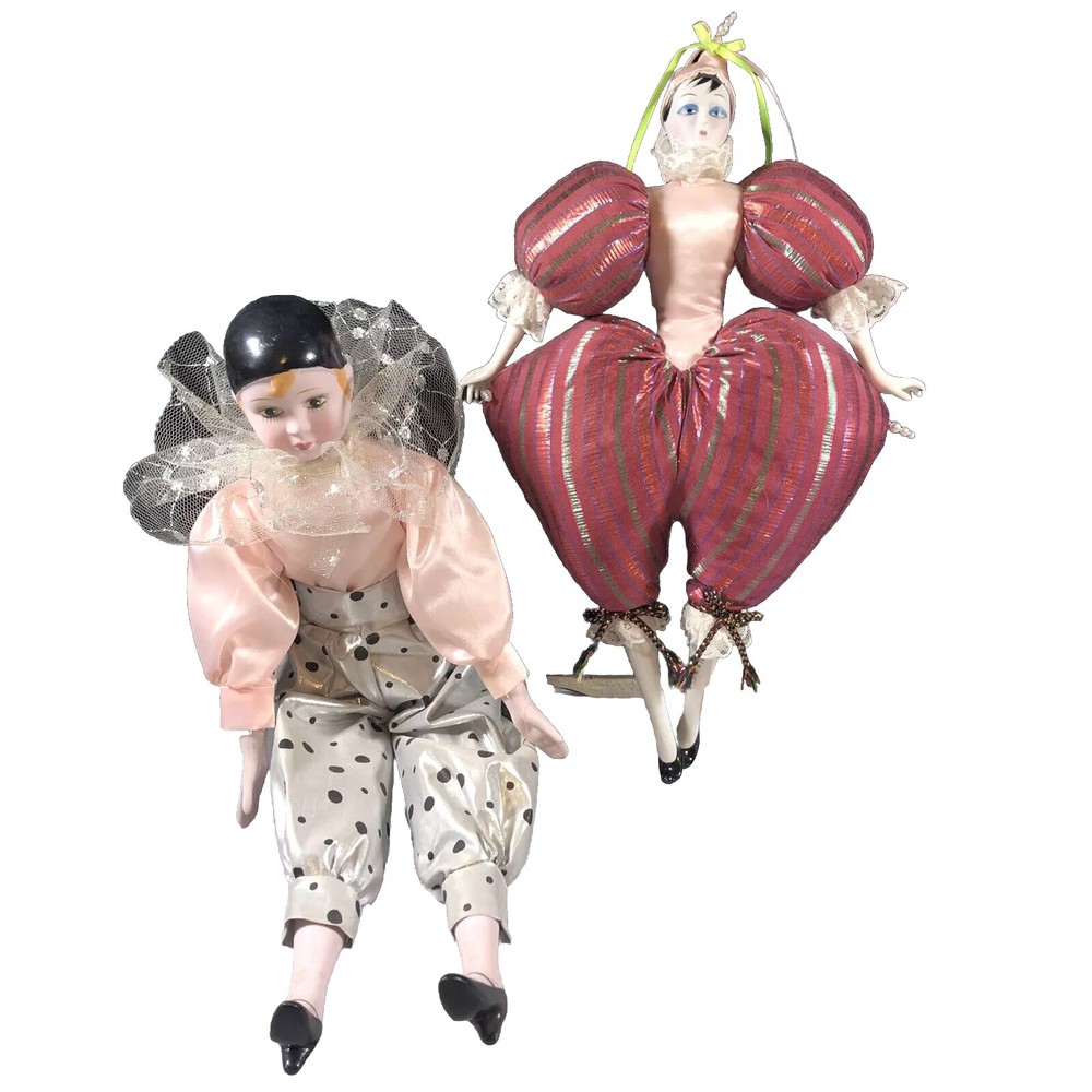 Vintage Art Deco Redhead Pierrot Clown Harlequin Dolls Lot of 2 Rare