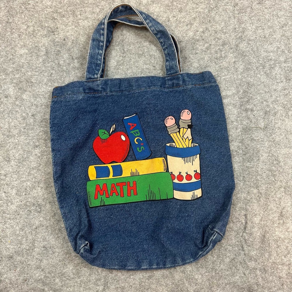 Vintage Denim Tote Bag Back to School Teacher Books Apple Jeans Cute