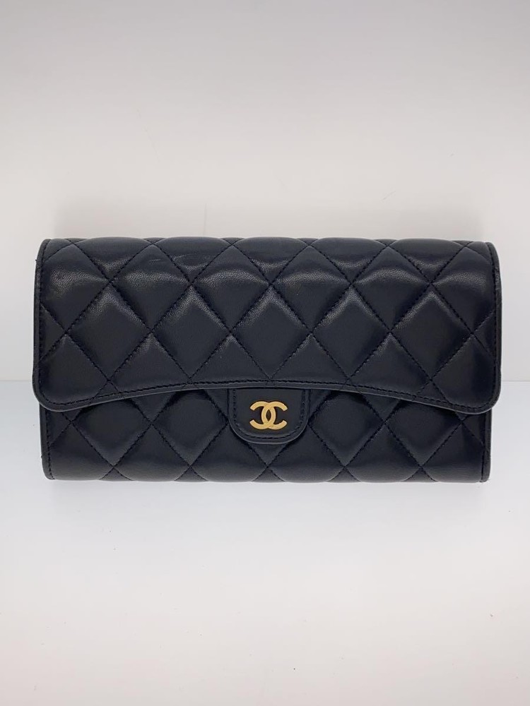 CHANEL Long Flap Wallet Matelassé Caviar Leather Gold CC Black F/S Pre-Loved