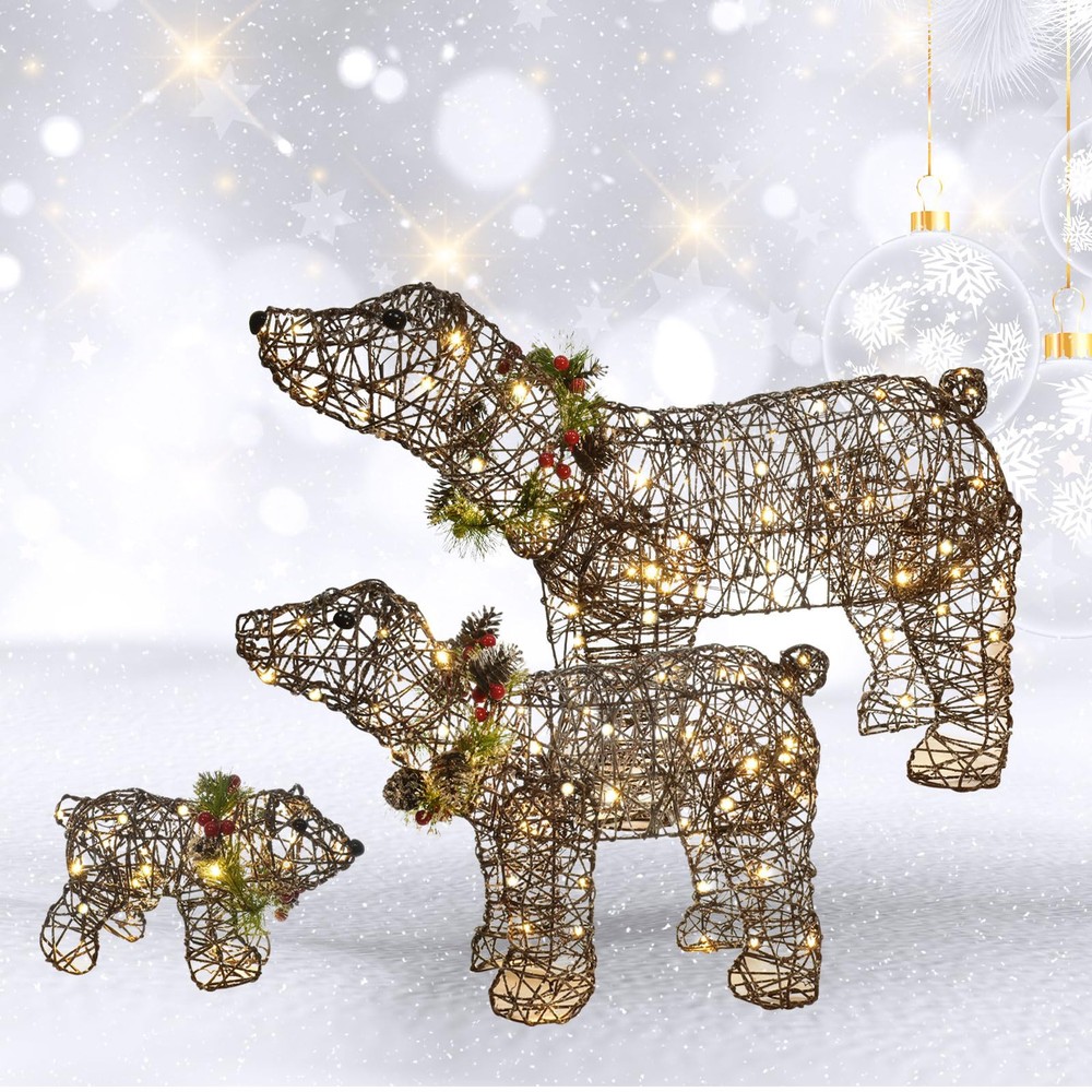 Outdoor Rattan Polar Bear Christmas Light Decor Set of 3
