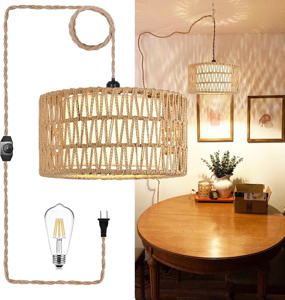 Plug in Pendant Light Hanging Lights with Plug in Cord Hanging Lamp Rattan Bo...