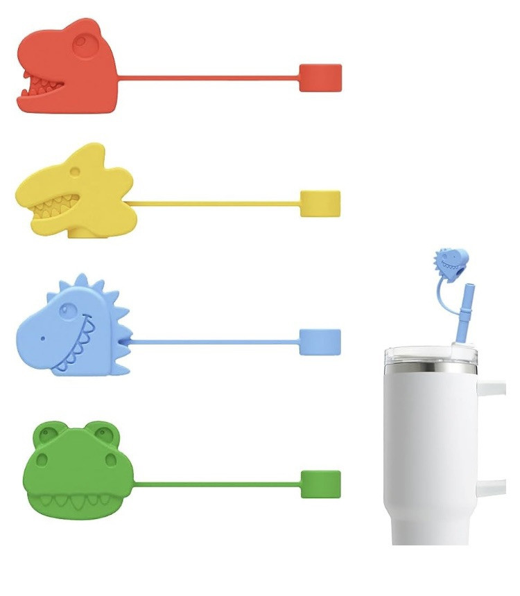 4PCS Straw Cover Cap for Stanley Cup,Silicone Dinosaur Straw Topper for Stanley