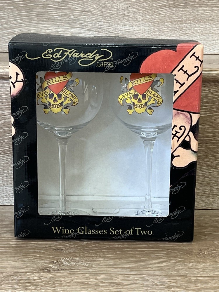 Ed Hardy Wine Glasses Set Of 2 Love Kills Slowly Skull Design NEW