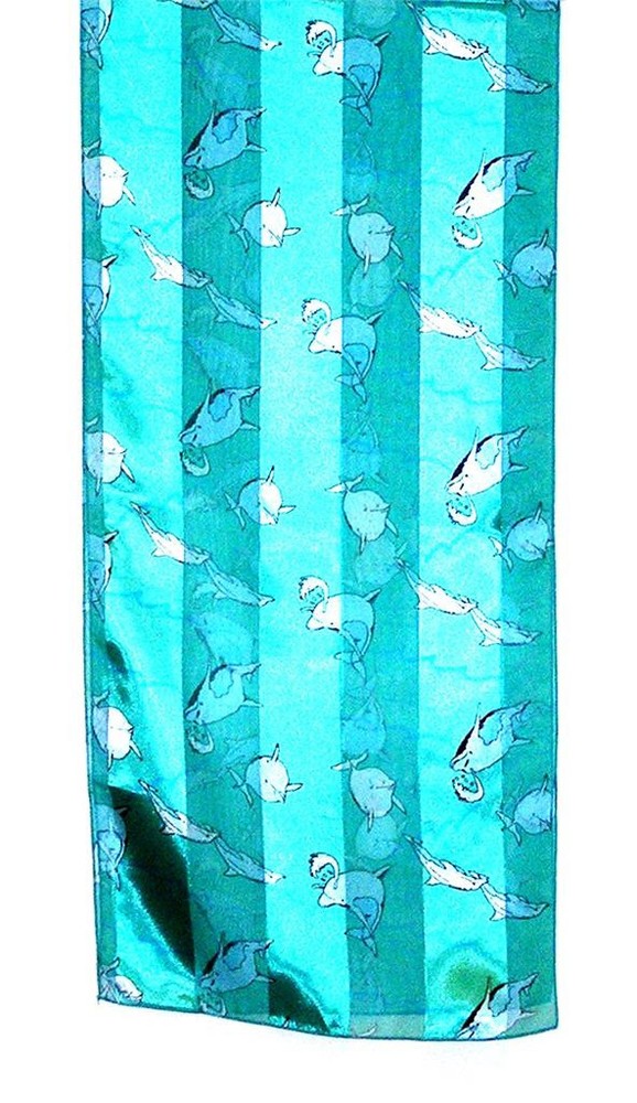 Long Blue & White Scarf with Happy Dolphins on Bright Green Background
