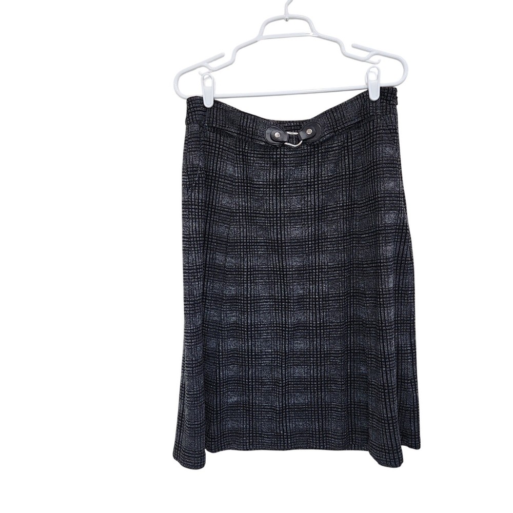 Christopher & Banks Black Gray Plaid A-Line Midi Skirt Size 10 with Side Zip