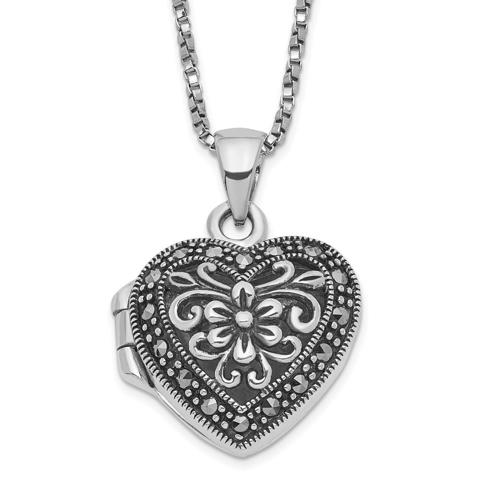 Sterling Silver Floral Marcasite Heart Locket Pendant Necklace 18