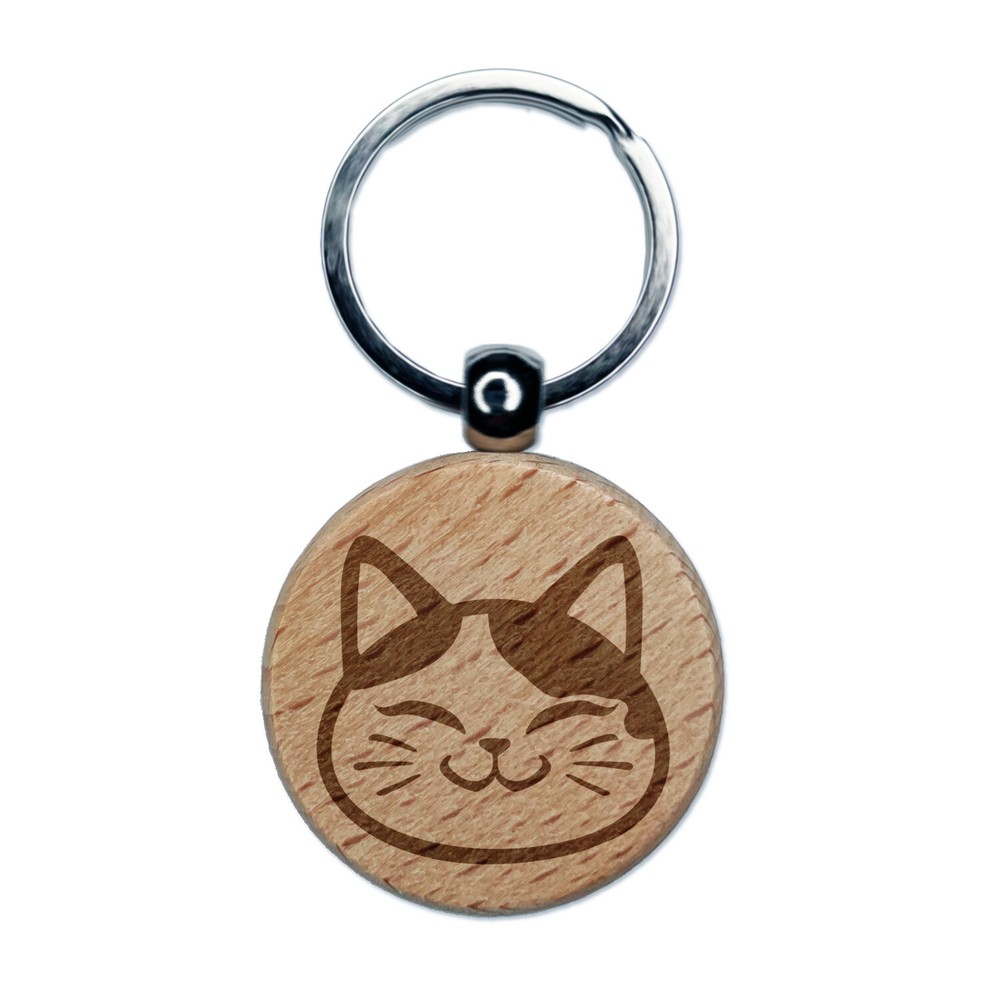 Spotted Cat Face Wooden Keychain Charm With Engraved Design