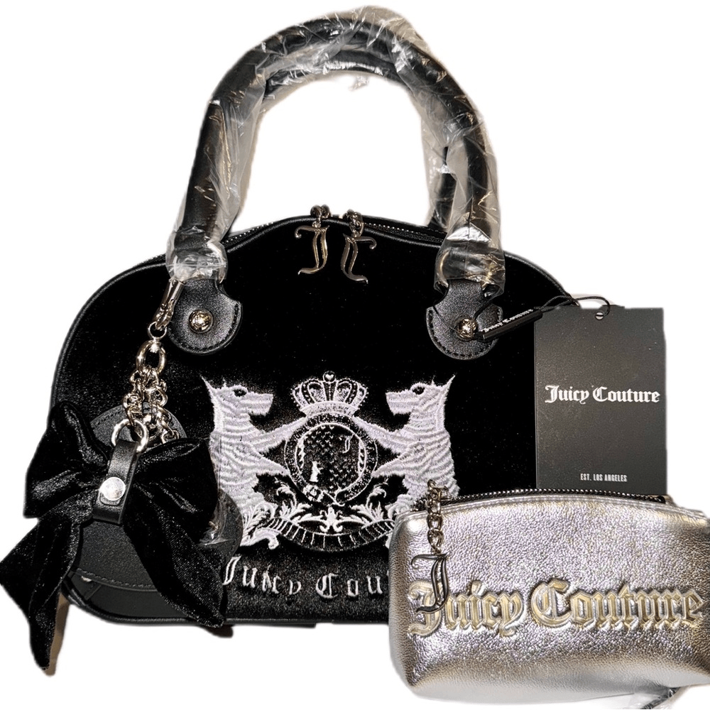 Juicy Couture Hollyhock Bowling Satchel Bag Black Velour & Faux Leather