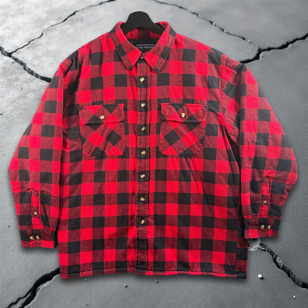David Taylor Mens Large Red Plaid Quilt Lined Flannel Shirt Jacket Shacket Workwear