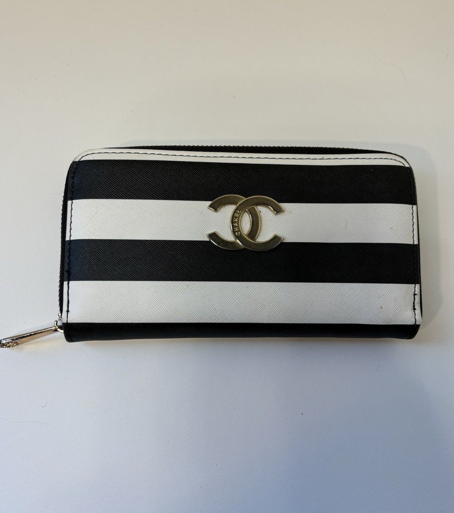 Chanel Striped Black and White Leather Wallet  
