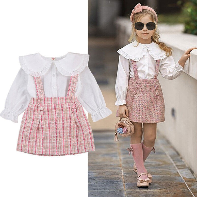 2Pcs Toddler Baby Girls Kids Baby Dress Top + Belted Skirt Clothing Bodysuit Set