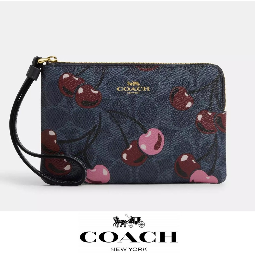 Coach Signature Canvas Cherry Print Zip Wristlet NWT