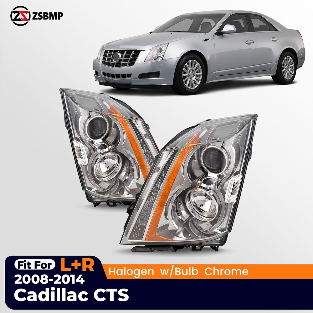 Halogen Headlight For 2008-2014 Cadillac CTS w/Bulb Chrome Left+Right Pair