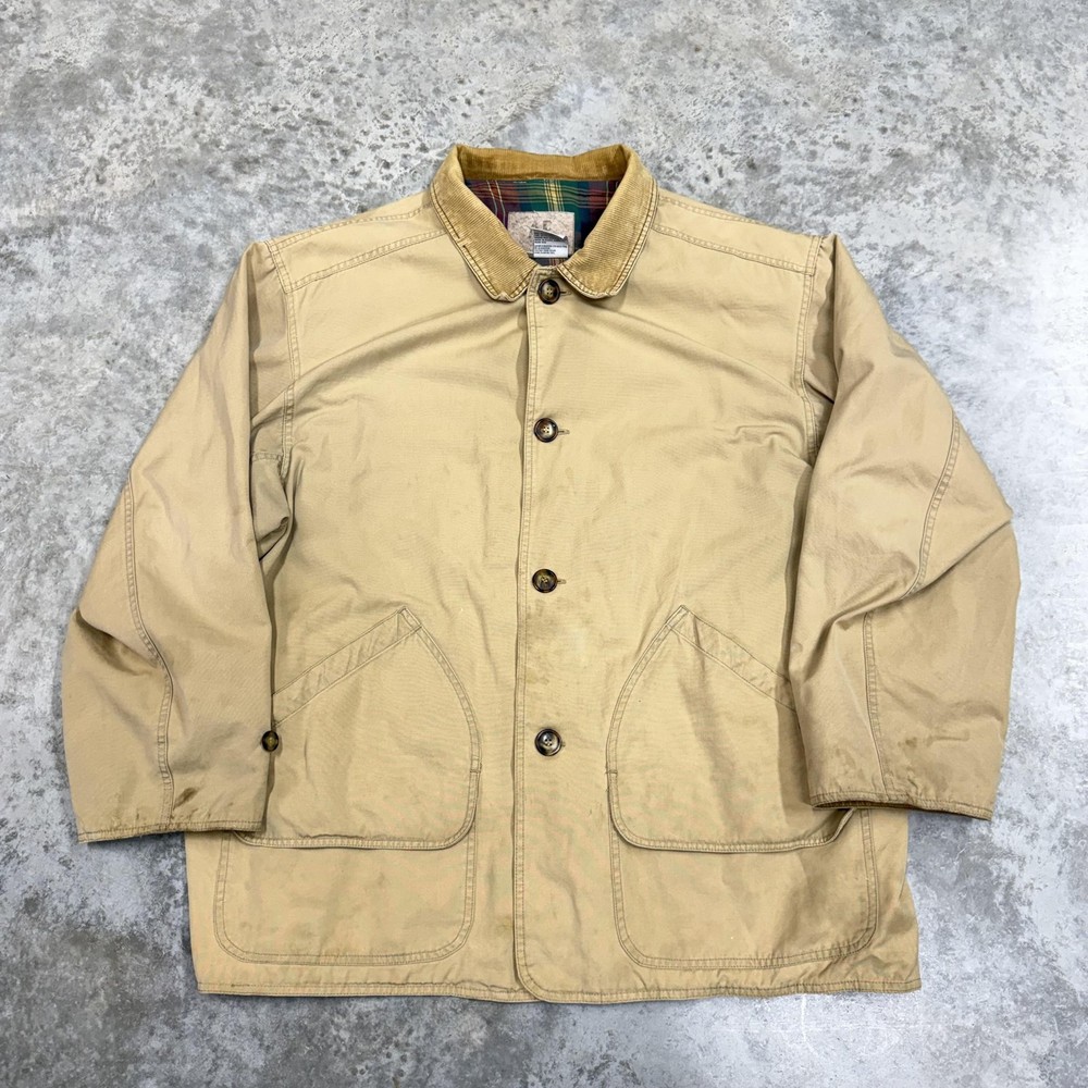 AE Outfitters Coat Mens XL Beige Cotton Canvas Plaid Lined Corduroy Collar