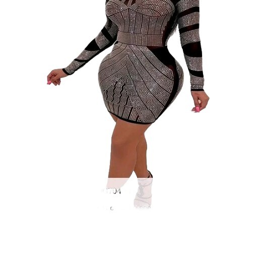 Rhinestone Mock Neck Bodycon Dress Sexy Semi-Sheer Long Sleeve Club Party Outfit