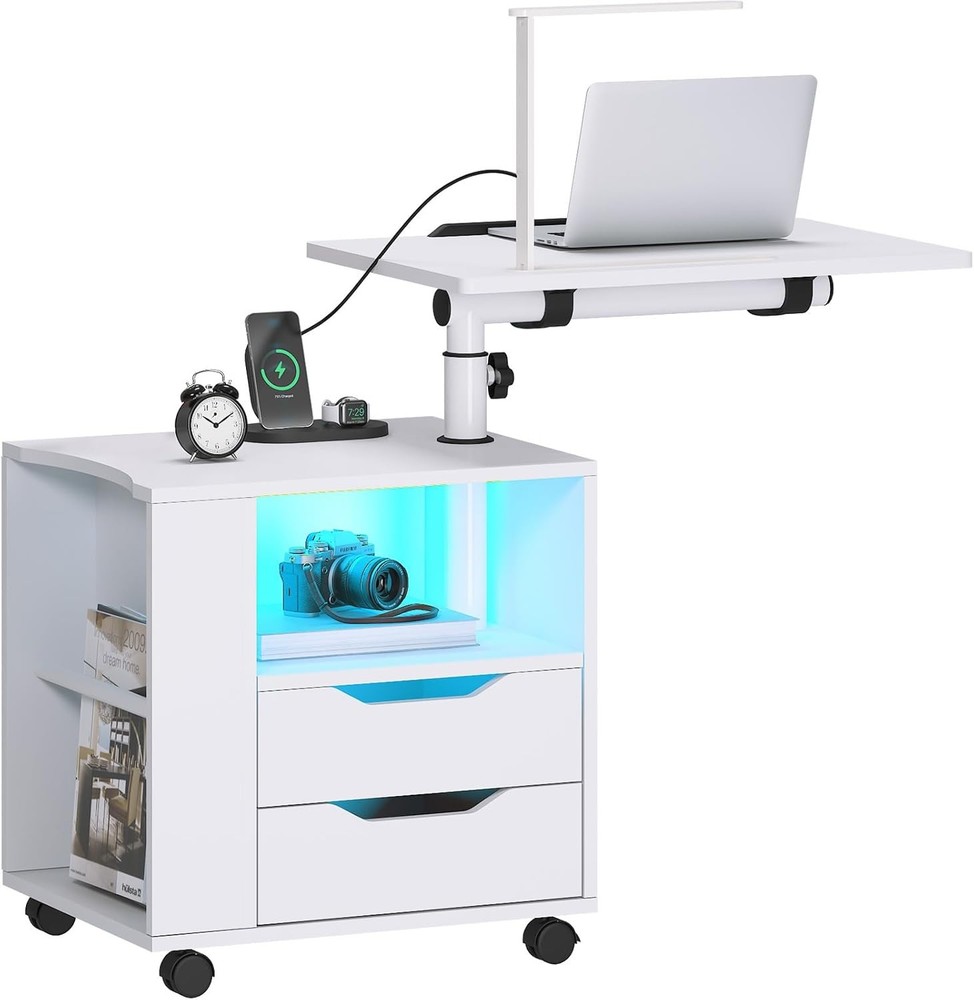 sogesfurniture Nightstand with Drawers and LED Lights, Bedside White-upgrade