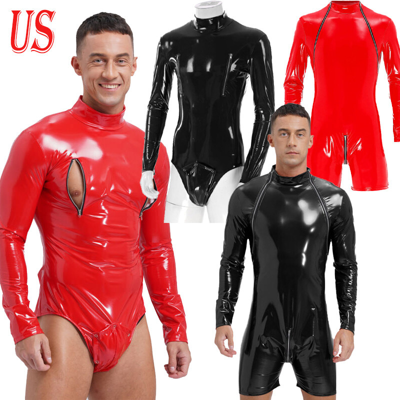 US Men's Sexy Faux Leather Bodysuit Latex Long Sleeve Romper Club Party Outfits
